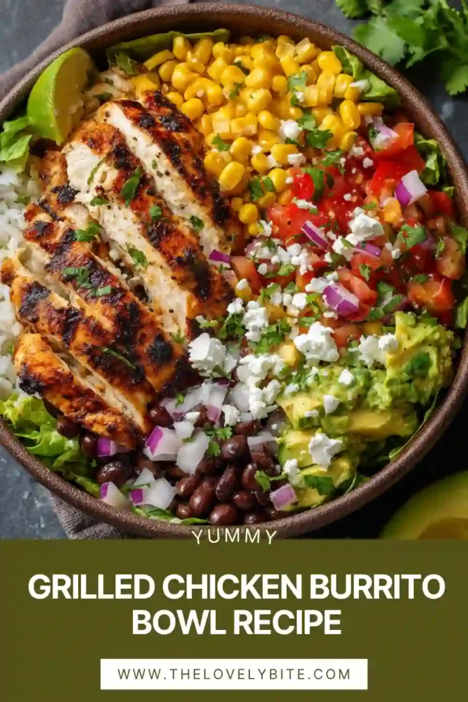 Overhead view of a grilled chicken burrito bowl arranged with colorful toppings and fresh cilantro garnish. Bright and appetizing.