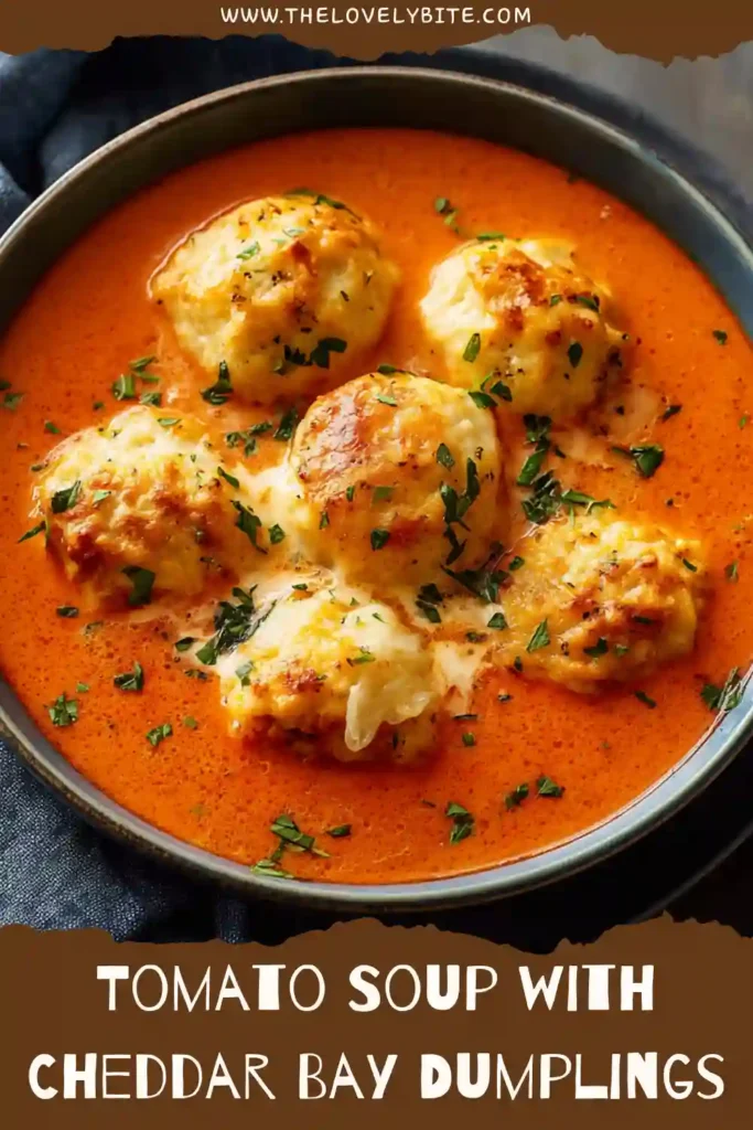 Freshly prepared Tomato Soup with Cheddar Bay Dumplings served hot for dinner. The golden dumplings sit atop a rich tomato soup with homemade appeal.