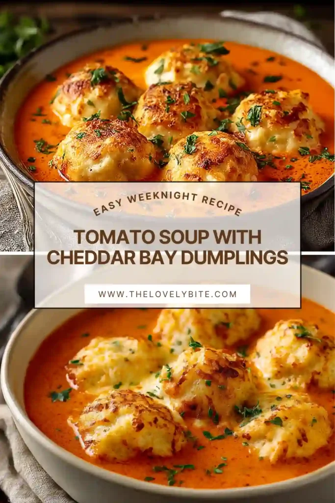 A bowl of Tomato Soup with Cheddar Bay Dumplings topped with fluffy golden biscuit dumplings. The rich tomato broth creates a warm and comforting homemade meal.