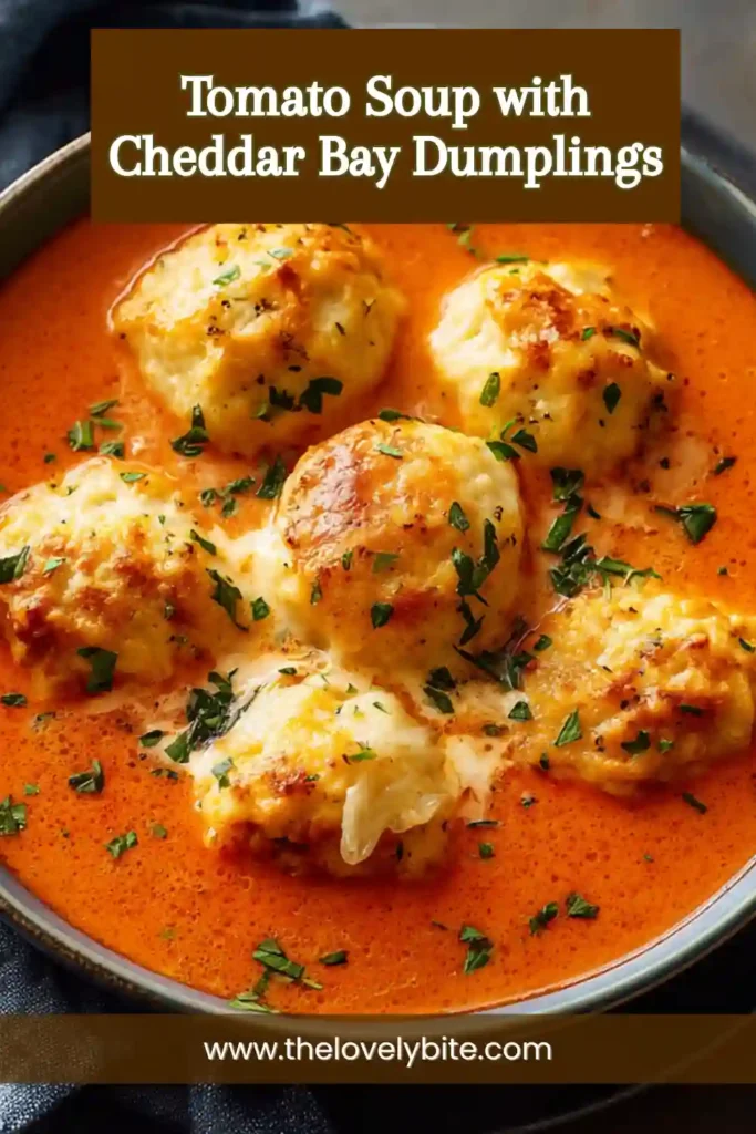 Homemade Tomato Soup with Cheddar Bay Dumplings served in a rustic bowl. Golden dumplings float atop a vibrant tomato broth filled with comforting flavor.