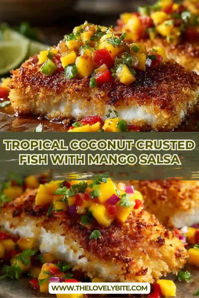 Golden Tropical Coconut Crusted Fish served with fresh mango salsa on a white plate. The crispy coconut coating pairs perfectly with the colorful tropical fruit salsa.