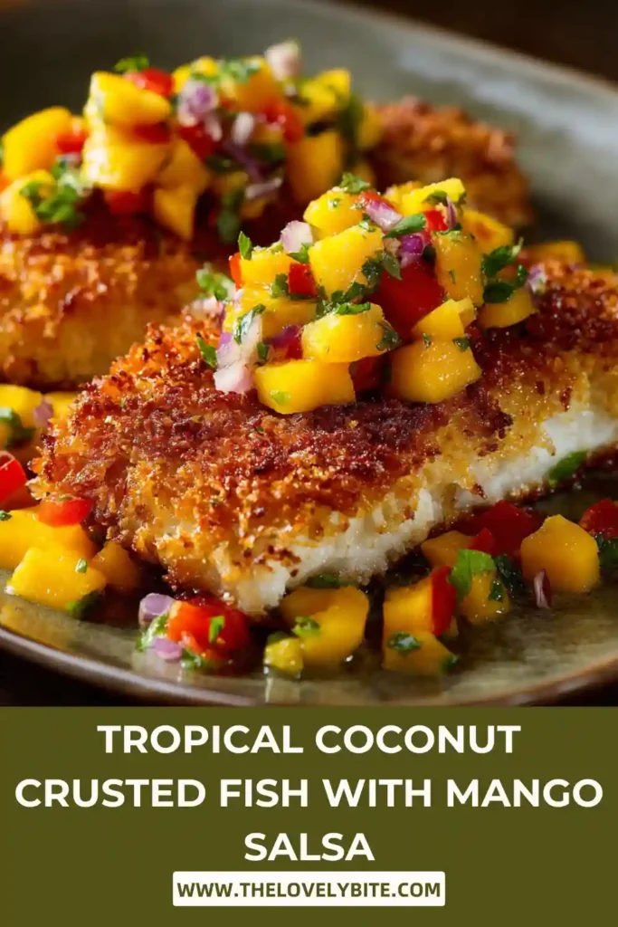 Crispy baked coconut crusted fish topped with homemade mango salsa and cilantro. This tropical seafood recipe features flaky white fish with bright citrus flavors.