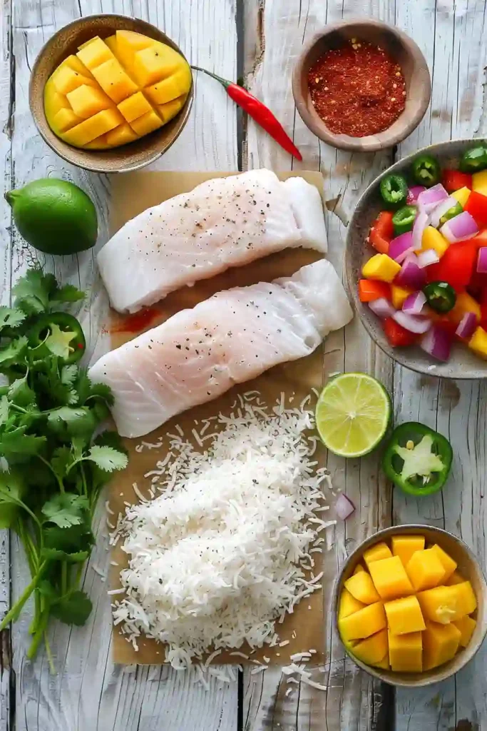 Baked white fish coated in shredded coconut and served with fresh mango salsa. This easy tropical fish dinner looks vibrant, fresh, and flavorful.
