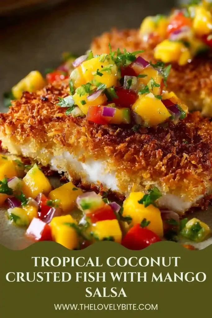 Close-up of Tropical Coconut Crusted Fish with juicy mango salsa and lime wedges. The crunchy coconut breadcrumb coating gives the fish a golden crispy texture.