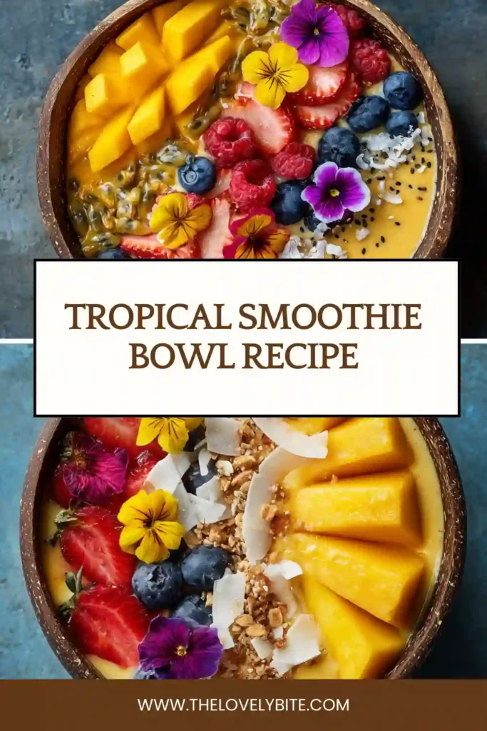 Bright and colorful Tropical Smoothie Bowl served with fresh tropical fruit and crunchy granola. This healthy smoothie bowl features mango and strawberry flavors with a thick creamy texture.