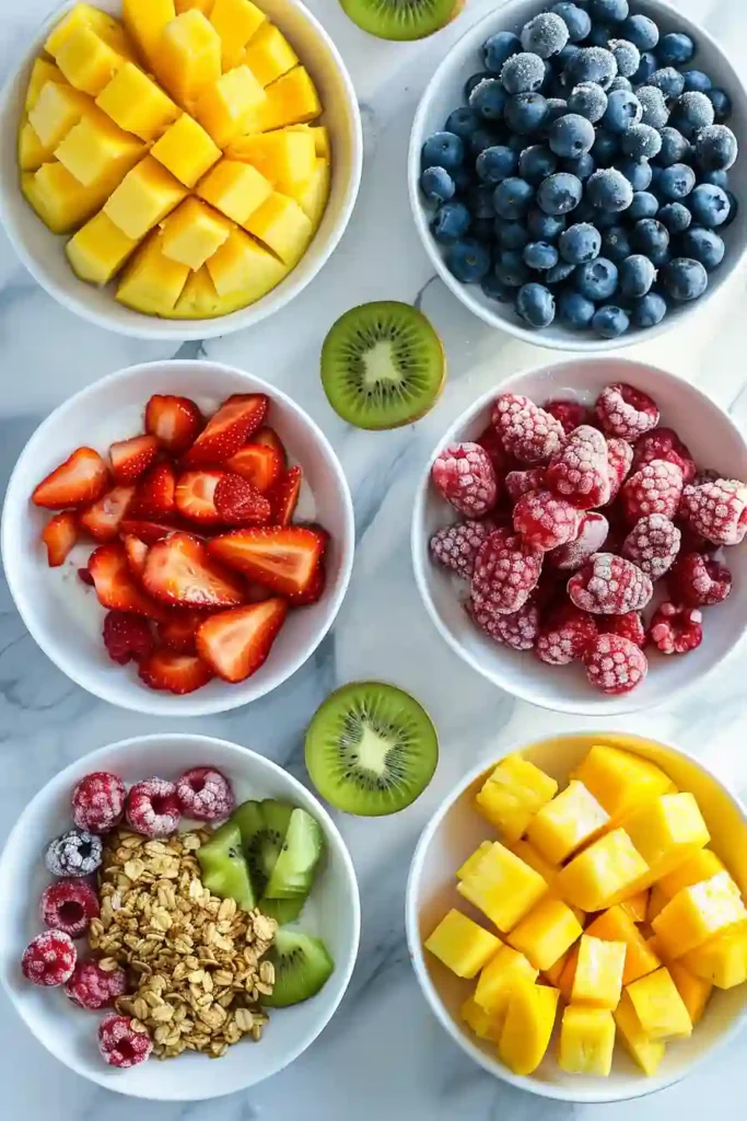 A creamy Tropical Smoothie Bowl topped with kiwi, strawberries, blueberries, coconut flakes, and granola. The smoothie bowl is made with frozen mango, strawberries, and fresh orange for a refreshing breakfast.