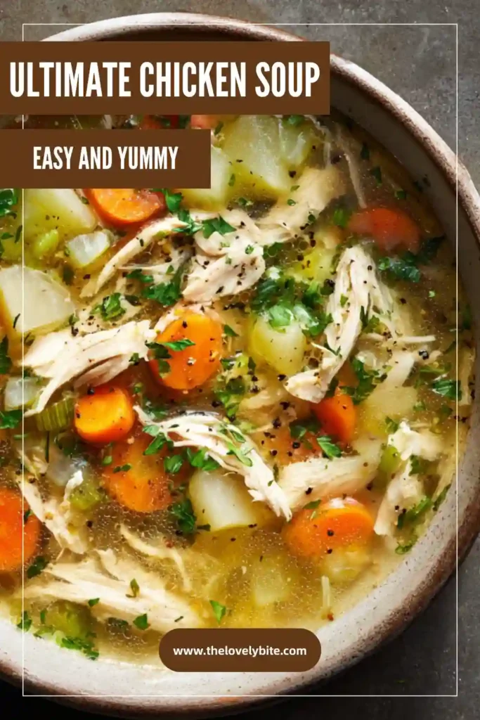 Close-up of Ultimate Chicken Soup served with fresh herbs and tender vegetables in a flavorful broth. This healthy chicken soup recipe is perfect for cozy family dinners.