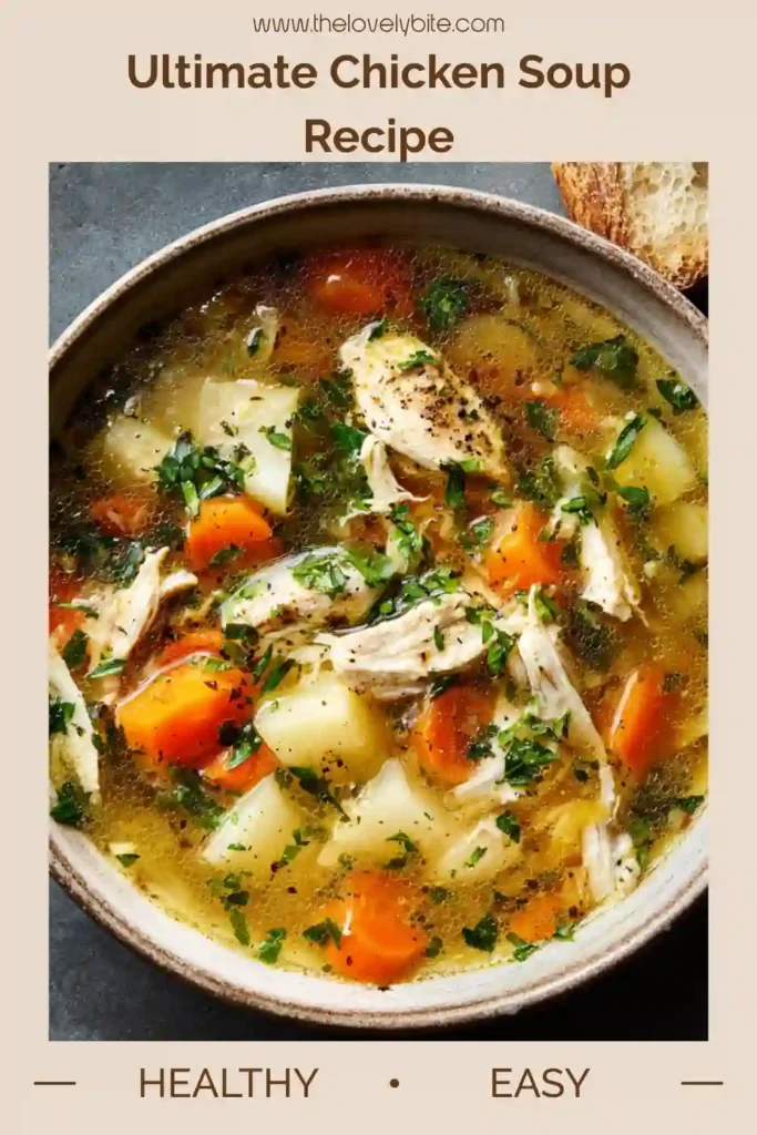 Homemade Ultimate Chicken Soup with shredded chicken breast, carrots, leeks, celery, and parsley in a rustic bowl. A nourishing and easy chicken soup recipe for cold weather.