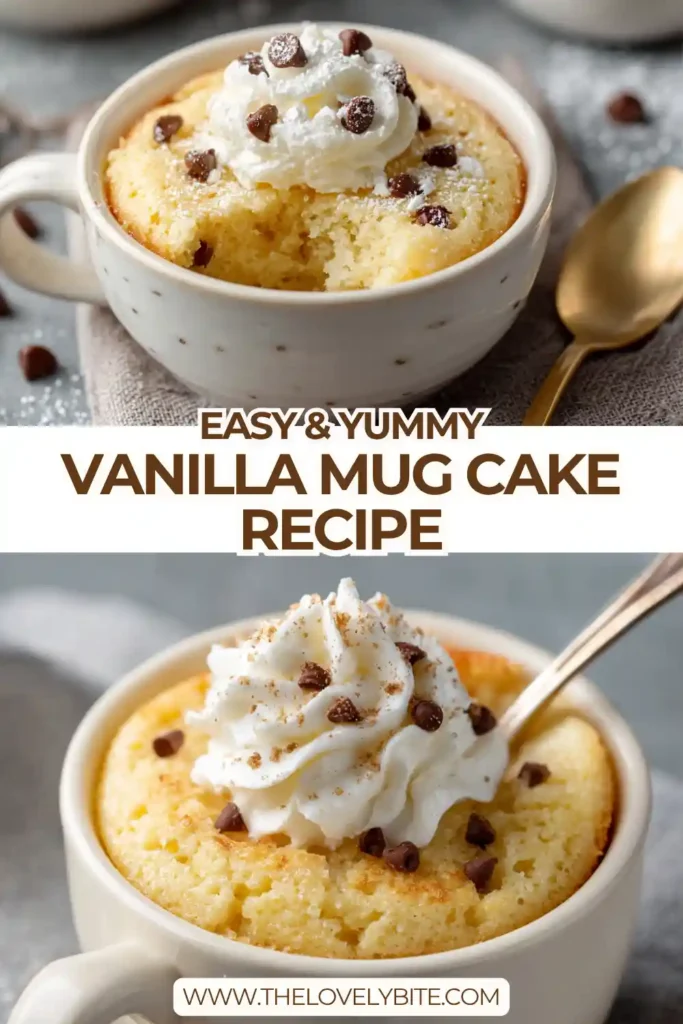 A fluffy Vanilla Mug Cake freshly cooked in a microwave-safe mug. This high-protein dessert has a soft texture and golden top with chocolate chips.