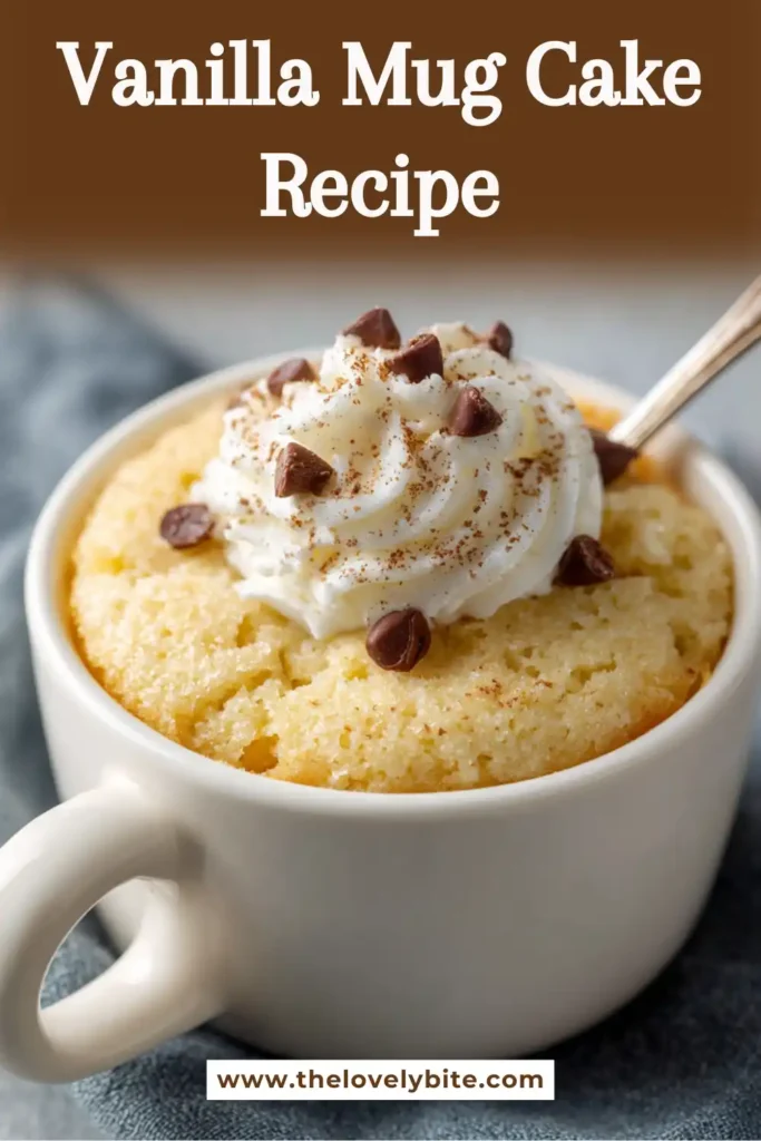 Close-up view of a homemade Vanilla Mug Cake with a fluffy texture and melted chocolate chips. The microwave dessert is ready in under ten minutes.