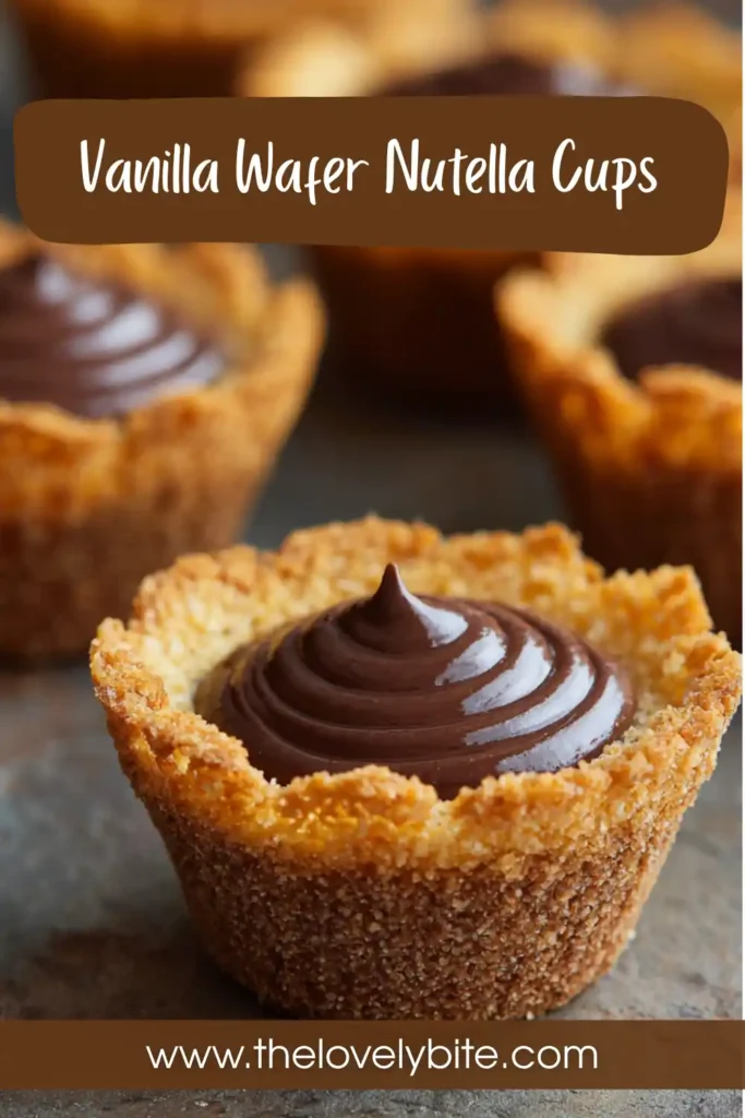 Close-up of creamy Vanilla Wafer Nutella Cups topped with mini wafers, showing rich texture and glossy chocolate finish. Ideal for easy dessert recipes.