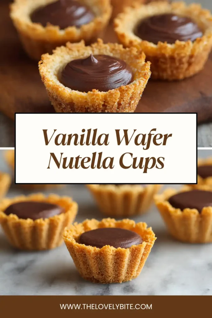 Homemade Vanilla Wafer Nutella Cups set in paper liners, featuring a smooth Nutella base and crunchy biscuit topping. Perfect bite-sized sweets.