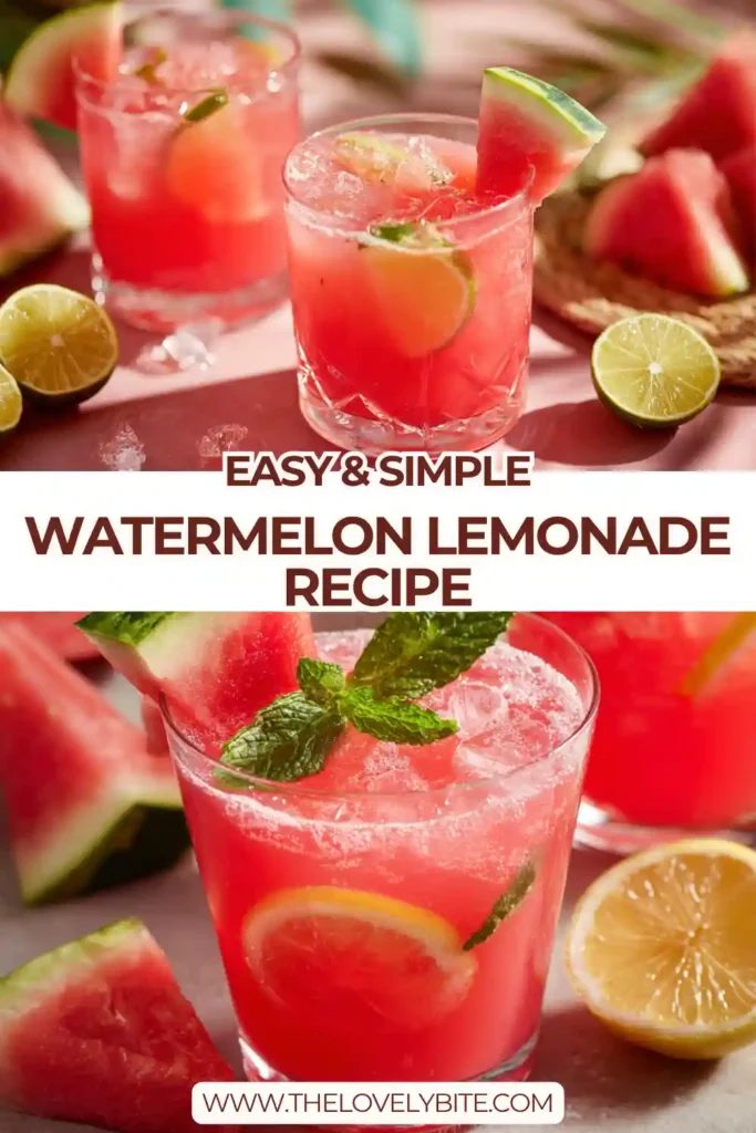 A glass of fresh Watermelon Lemonade served over ice with mint leaves and lemon slices. This refreshing summer drink has a vibrant pink color and a fruity citrus flavor.