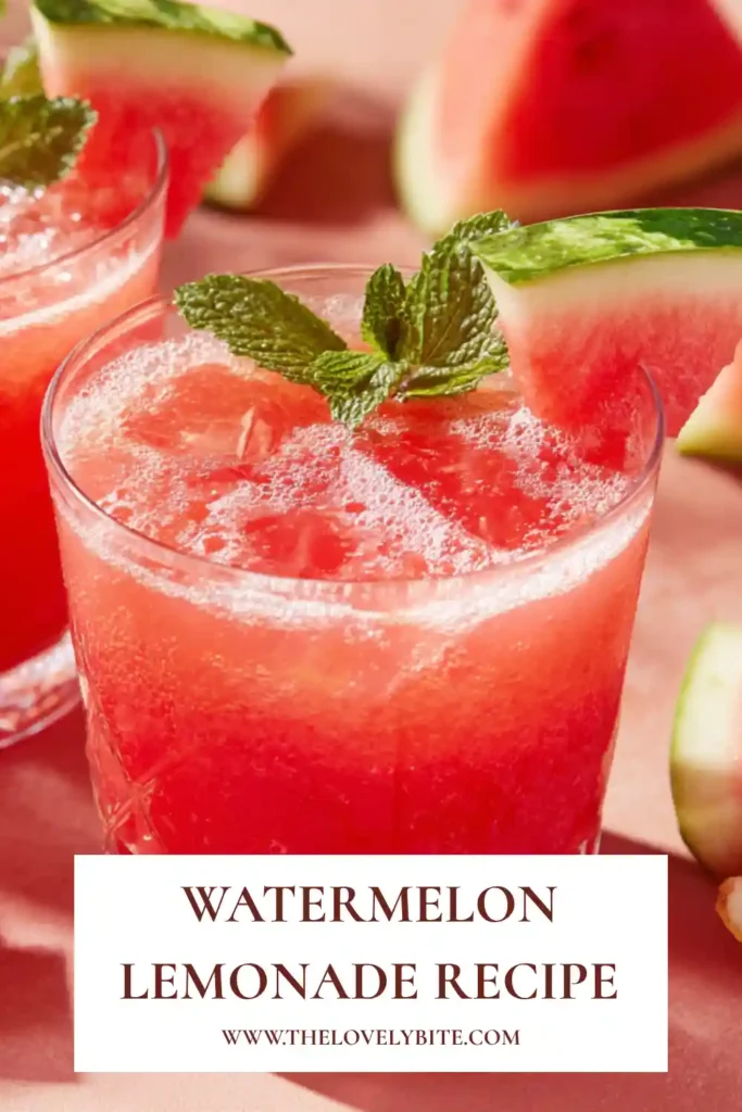 Homemade Watermelon Lemonade in a clear glass pitcher with fresh watermelon cubes and lemons nearby. The drink looks cold, refreshing, and perfect for summer gatherings.