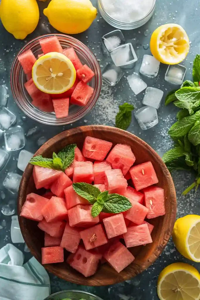 Freshly blended Watermelon Lemonade served chilled with lemon wedges and mint garnish. A simple homemade summer beverage made with natural ingredients.