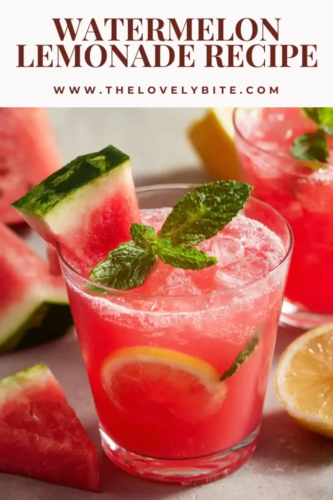 Refreshing Watermelon Lemonade topped with mint and ice cubes on a bright summer table. This easy watermelon drink recipe is fruity, sweet, and cooling.