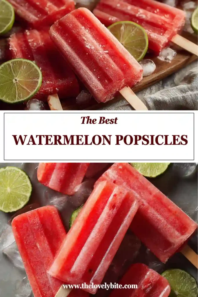 Healthy Watermelon Popsicles in popsicle molds with slices of fresh watermelon nearby. This easy frozen fruit dessert is vibrant, colorful, and naturally sweet.