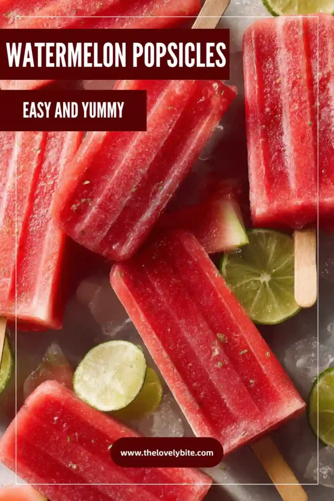 Refreshing watermelon lime popsicles with juicy watermelon pieces on a marble surface. These homemade summer treats are light, fruity, and cooling.