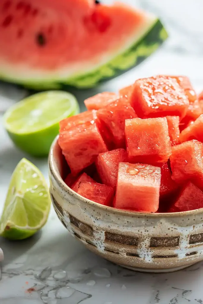 Bright red Watermelon Popsicles made with fresh watermelon and lime juice arranged on a chilled tray. These homemade popsicles look refreshing, icy, and perfect for summer.
