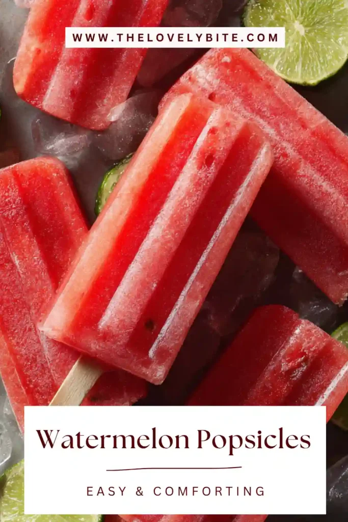Close-up of homemade Watermelon Popsicles with fresh lime wedges and watermelon cubes. These healthy fruit popsicles are ideal for hot summer days.