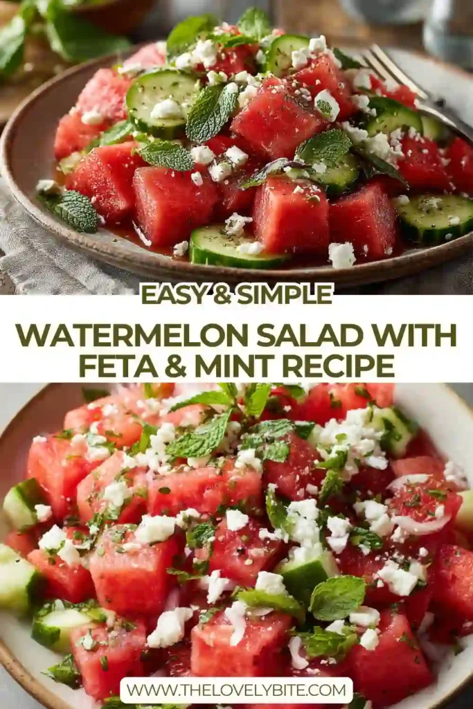 A fresh bowl of Watermelon Salad with Feta & Mint made with juicy watermelon cubes, cucumber, avocado, red onion, and crumbled feta cheese. The salad is topped with fresh mint leaves and drizzled with lime dressing.