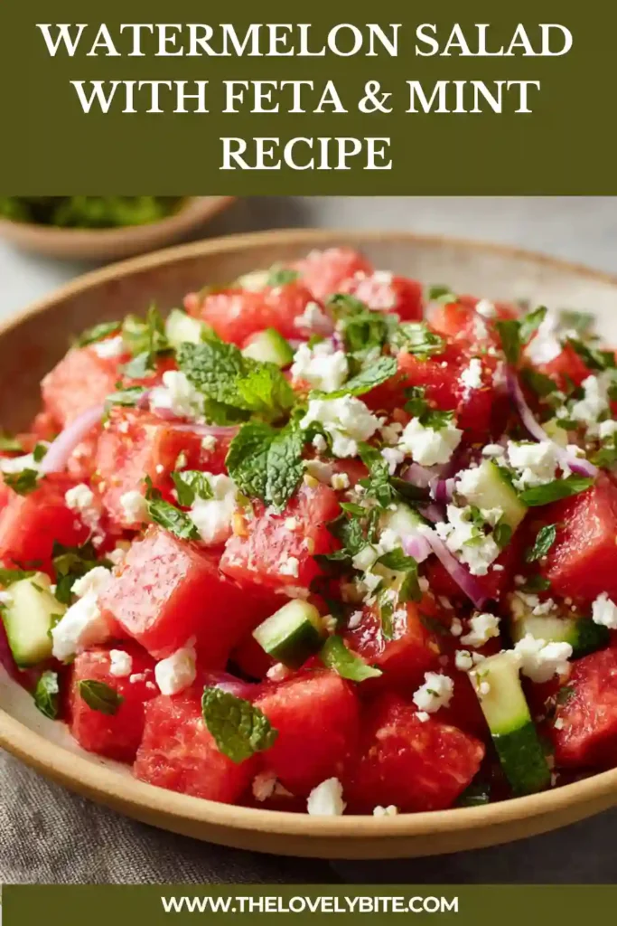 Refreshing watermelon feta salad served on a platter with cucumber, avocado, mint, and sliced red onion. This colorful summer salad is bright, healthy, and perfect for warm-weather meals.