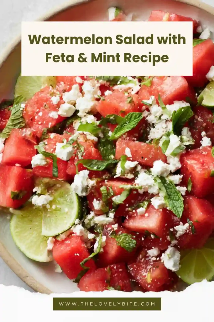Close-up of Watermelon Salad with Feta & Mint featuring juicy watermelon, creamy avocado, salty feta, and fresh herbs. The salad is tossed lightly in a citrus lime vinaigrette.