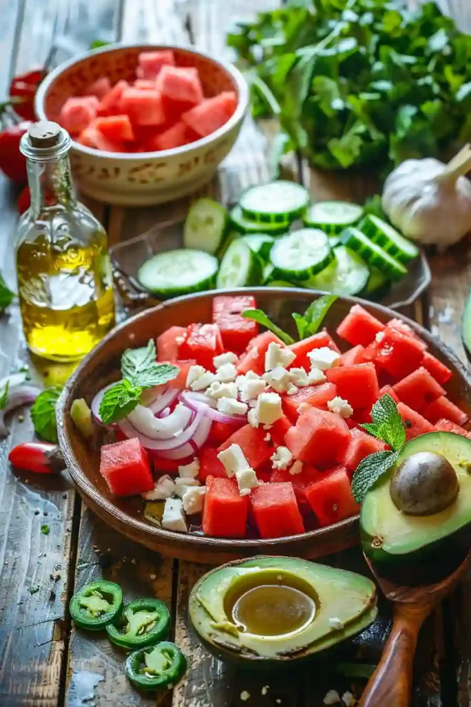 Mediterranean-style watermelon salad with feta cheese, cucumber,mint leaves, and lime dressing arranged beautifully in a serving bowl. A vibrant and easy summer side dish.