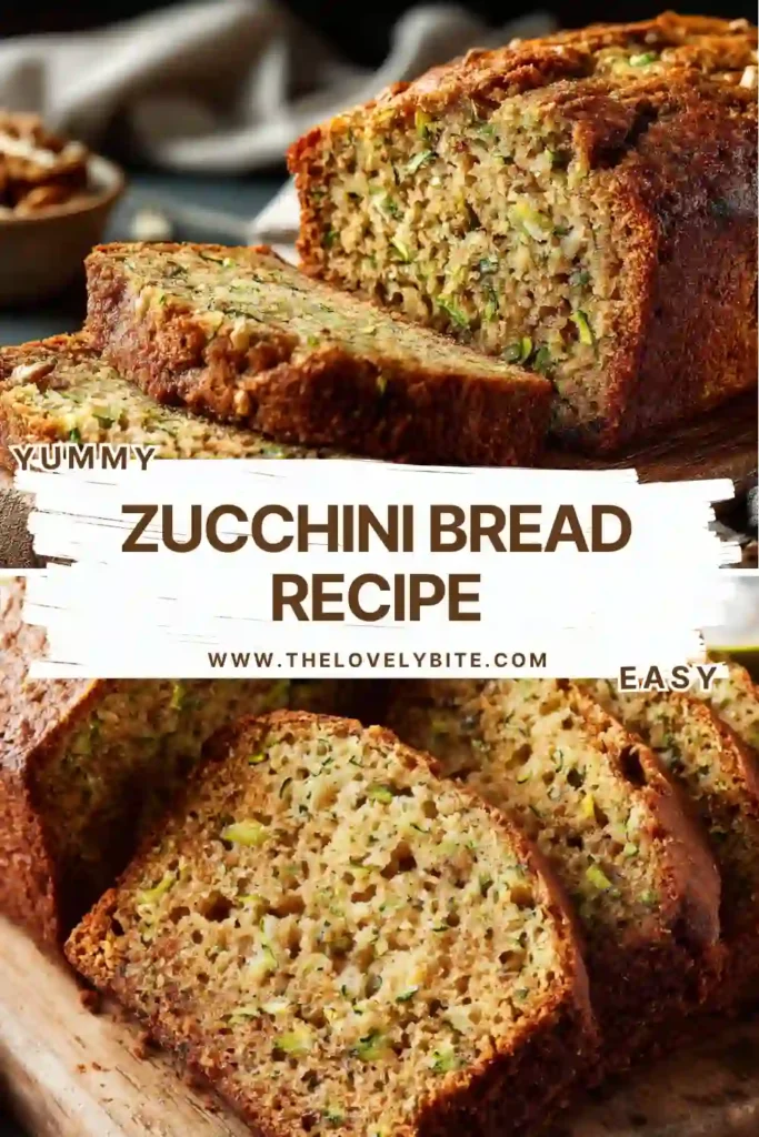 A sliced loaf of moist zucchini bread served on a wooden cutting board. The homemade zucchini loaf is filled with cinnamon flavor and crunchy walnuts.