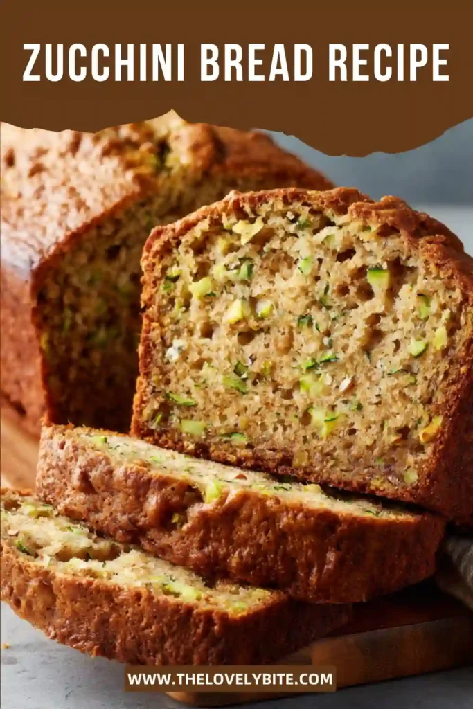 Close-up of homemade zucchini bread slices topped with chopped walnuts. The moist texture and warm cinnamon aroma make this loaf irresistible.
