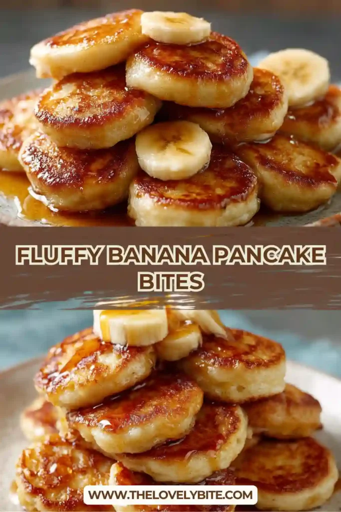 Freshly cooked fluffy banana pancake bites stacked on a breakfast plate with berries and syrup. The mini pancakes are soft, airy, and naturally sweetened with ripe bananas.