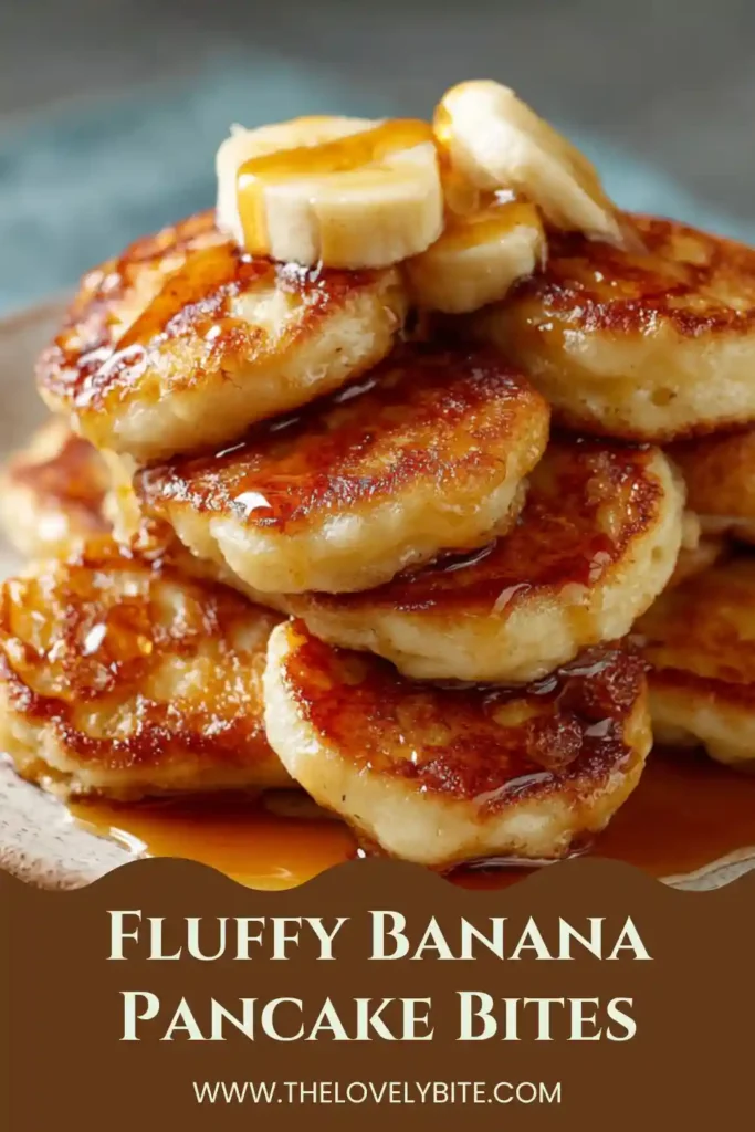 Close-up of fluffy banana pancake bites topped with banana slices and honey. The mini pancake bites are soft, warm, and ideal for breakfast or brunch.
