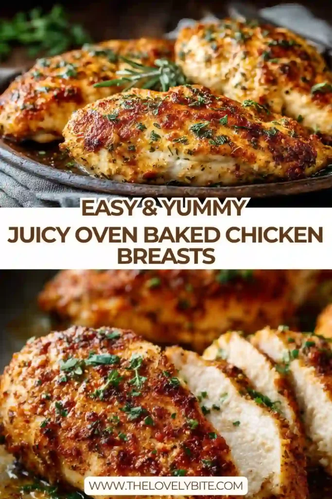 Golden baked chicken breasts resting in a baking dish after roasting. This easy chicken breast recipe creates moist and tender results every time.