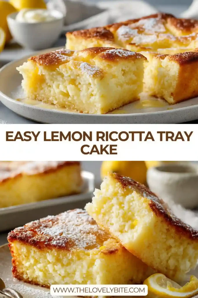 Easy 3 ingredient Lemon Ricotta Tray Cake served warm from the baking tray. Creamy ricotta and vibrant lemon curd create a delicious marbled finish.