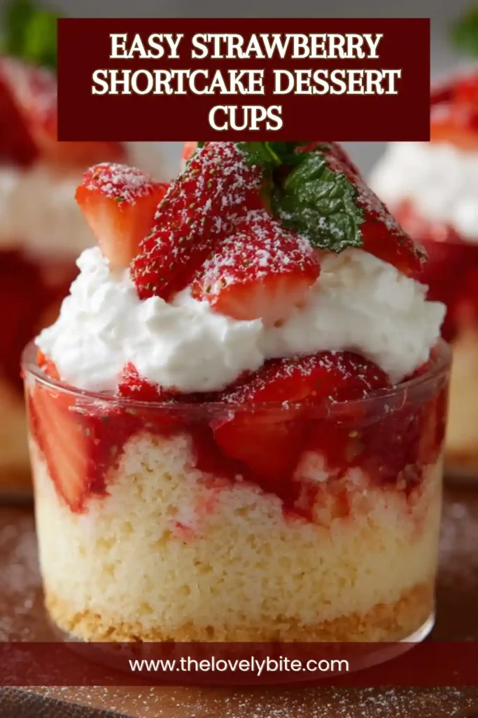 Individual Strawberry Shortcake Dessert Cups topped with whipped cream and fresh strawberries. A simple no-bake dessert with sweet strawberry flavor.