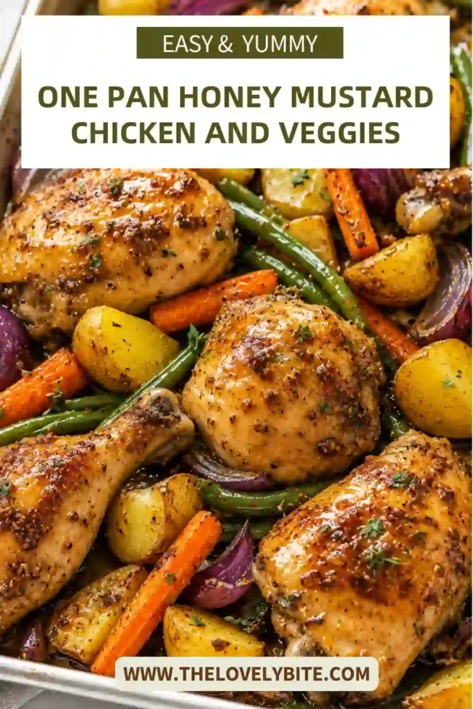 A rustic sheet pan filled with juicy honey mustard chicken and colorful roasted vegetables. The tender chicken and caramelized vegetables make this easy family dinner both delicious and visually appealing.