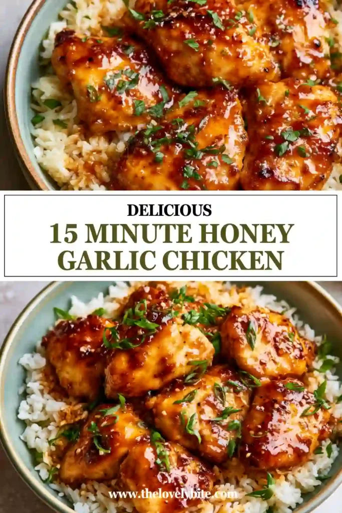 One-pan Honey Garlic Chicken cooked in a skillet with garlic sauce.
