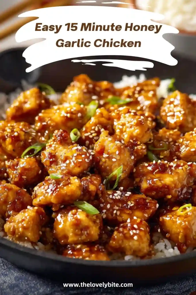 A skillet filled with 15 Minute Honey Garlic Chicken coated in a glossy honey garlic sauce. Tender chicken pieces are garnished with green onions and sesame seeds.