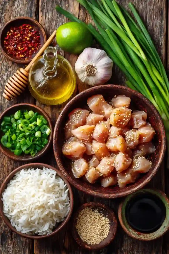 Chicken bites coated in sticky honey garlic sauce served with lime wedges.