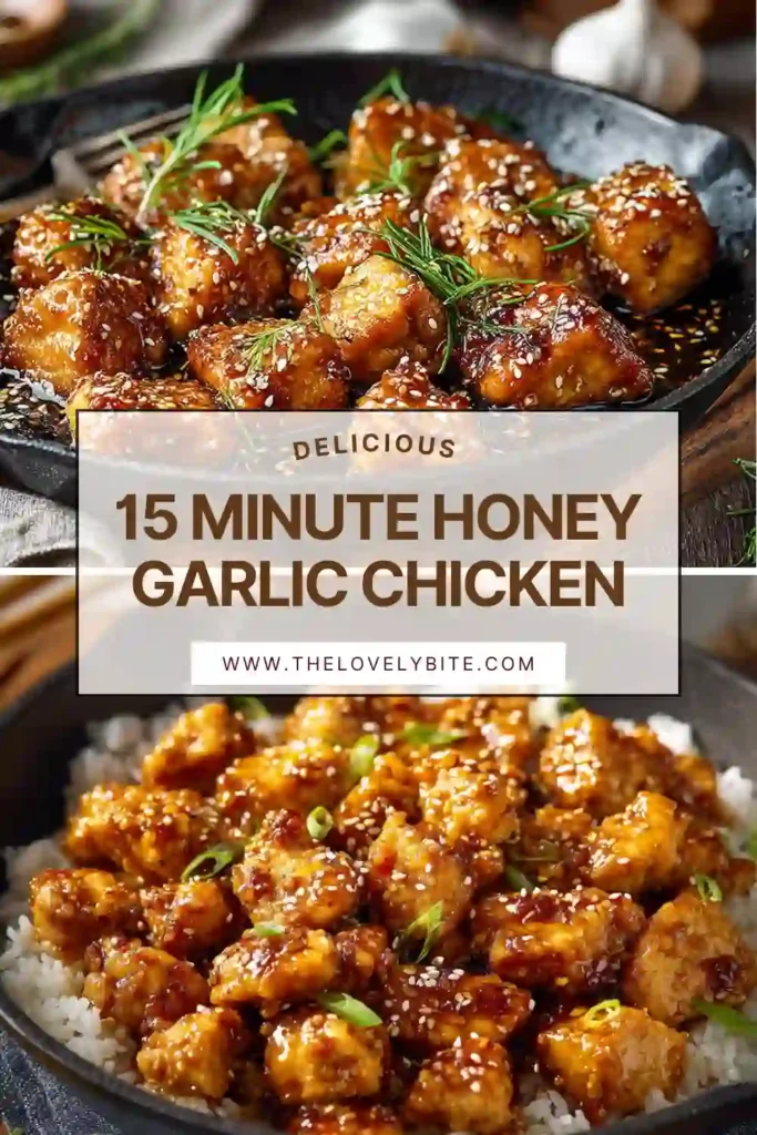 Close-up of juicy honey garlic chicken served over steamed rice. The sweet and savory glaze creates a delicious weeknight dinner.