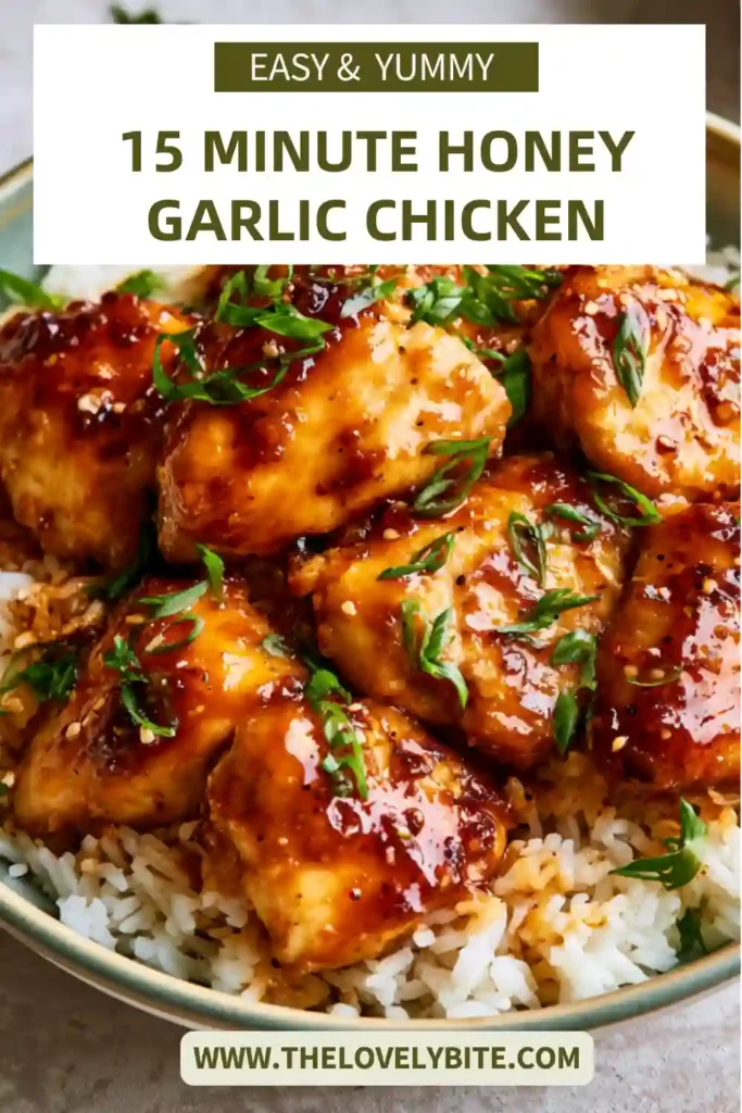 Honey Garlic Chicken topped with sesame seeds and fresh green onions.