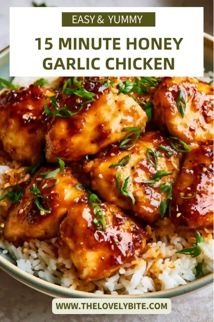Honey Garlic Chicken served over rice and garnished with green onions and sesame seeds.