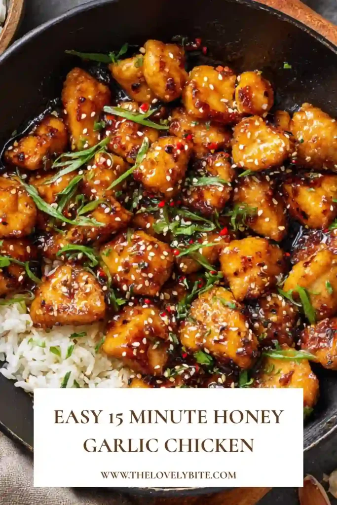Easy honey garlic chicken cooked in a skillet and topped with fresh green onions. A quick 15-minute chicken recipe perfect for busy evenings.