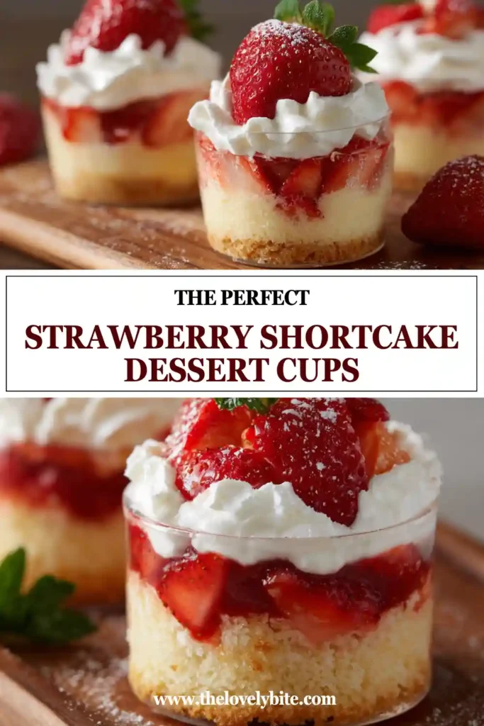 Strawberry Shortcake Dessert Cups layered with creamy cheesecake pudding, fresh diced strawberries, and strawberry cookie crumbs. This no-bake dessert is served in individual cups for easy entertaining.