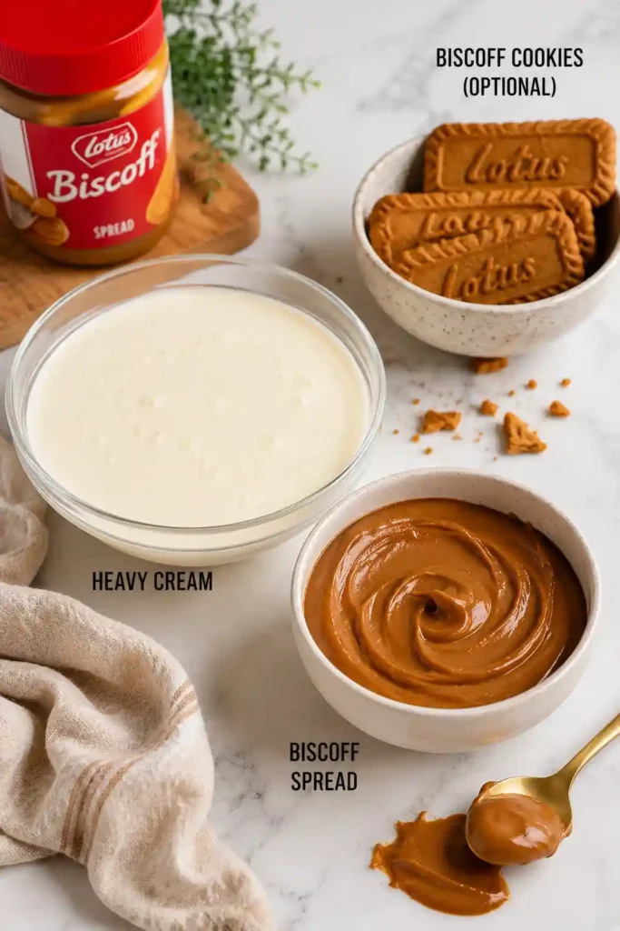 Close-up of a chilled 2 Ingredient Biscoff Mousse Recipe served in a dessert glass. Garnished with Lotus cookies and extra spread for a bakery-style presentation.