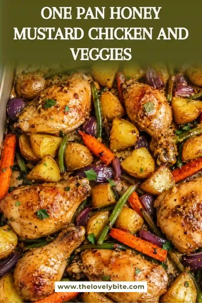 Roasted chicken drumsticks and thighs coated in honey mustard sauce sit beside golden potatoes and roasted carrots. This one pan chicken and vegetables meal is perfect for weeknight dinners.