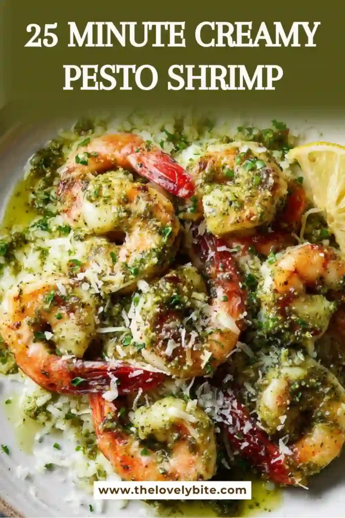 A skillet filled with creamy pesto shrimp, cherry tomatoes, and parmesan cheese. This quick seafood dinner features tender shrimp coated in a rich basil pesto cream sauce.