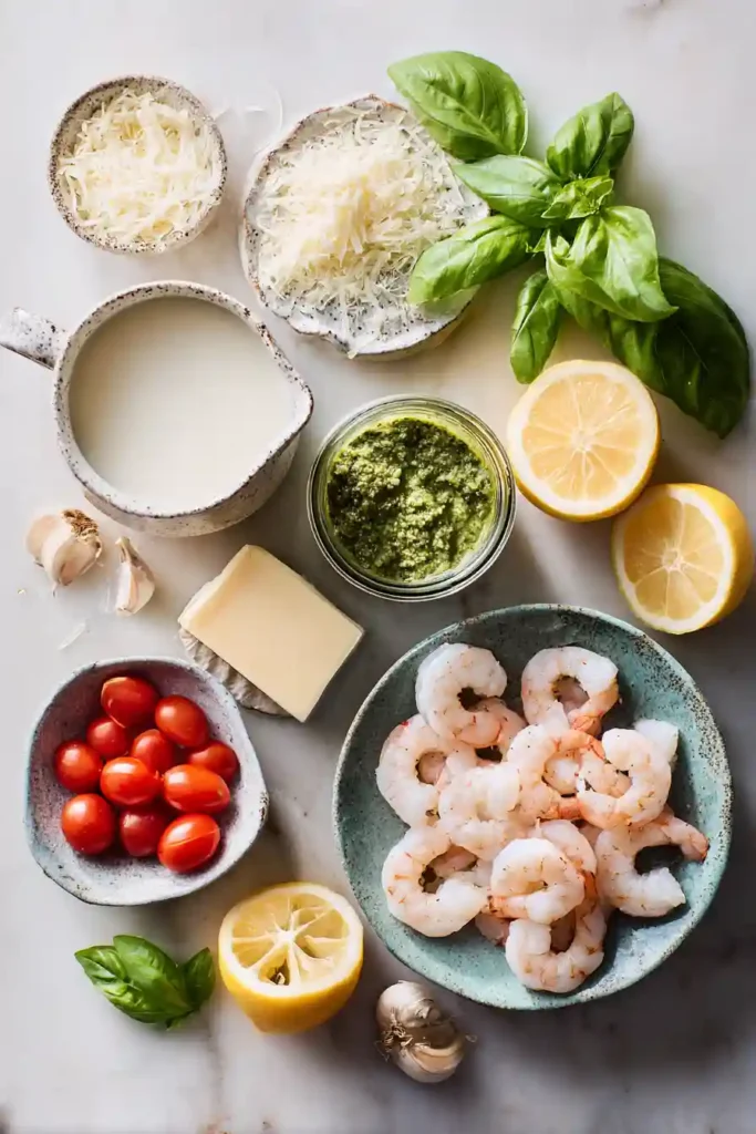 Creamy pesto shrimp served over pasta with parmesan cheese and basil garnish. A flavorful seafood meal featuring a rich and comforting pesto cream sauce.