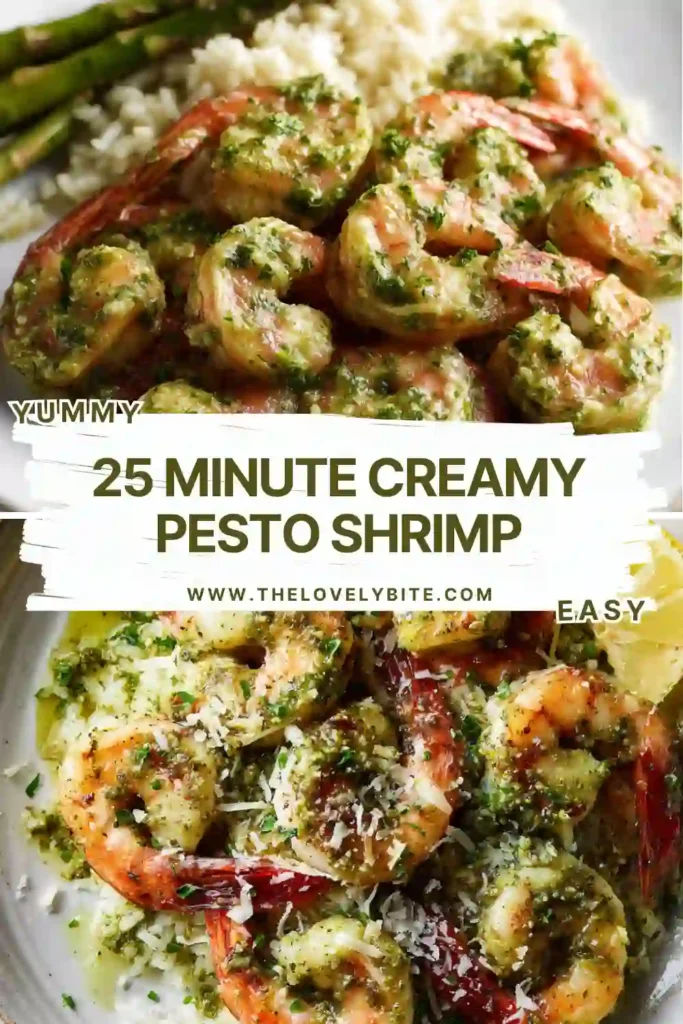 Close-up of creamy pesto shrimp served with fresh basil and parmesan. The shrimp are cooked in a silky pesto sauce with juicy cherry tomatoes.