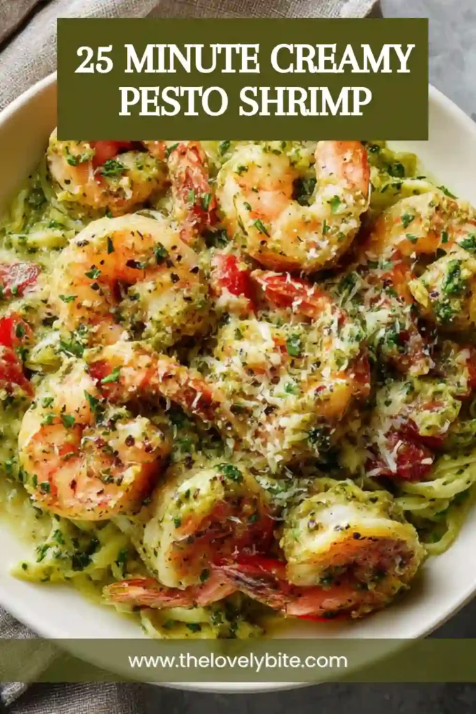 Homemade creamy pesto shrimp in a large skillet with vibrant tomatoes and fresh herbs. An easy 25-minute shrimp recipe perfect for weeknight dinners.